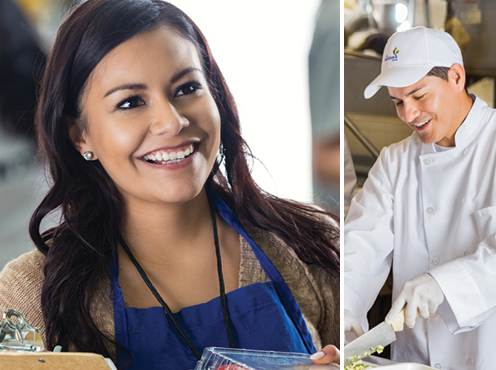 A split photo of a female Nutrition Group employee and a male chef all in white.