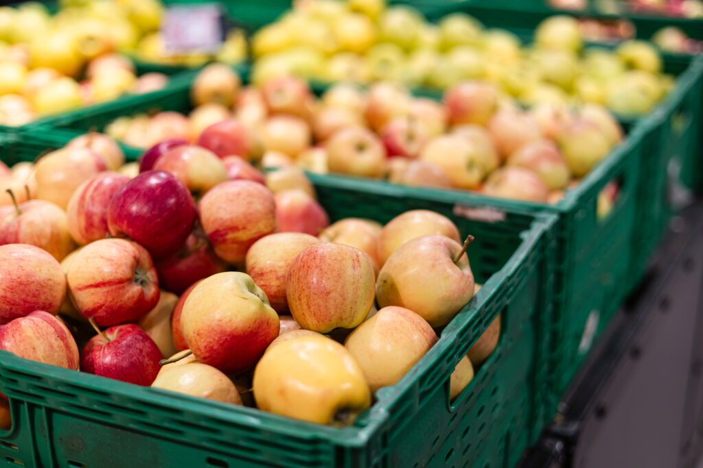 Green baskets of apples